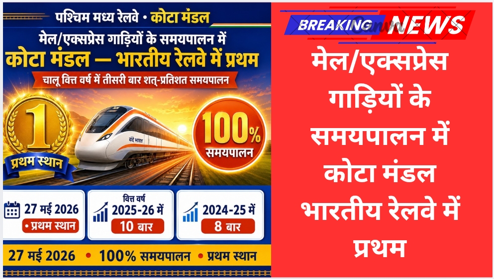 मेल/एक्सप्रेस गाड़ियों के समयपालन में कोटा मंडल भारतीय रेलवे में प्रथम